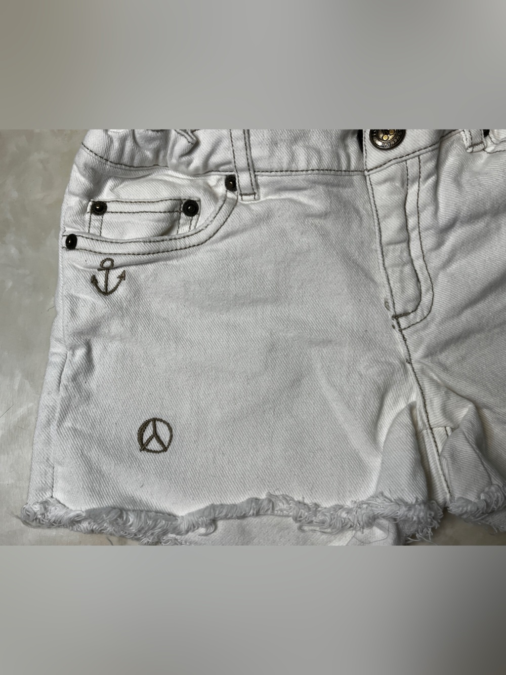 White Denim Embroidered Frayed-Hem Shorts - Picture 2 of 10